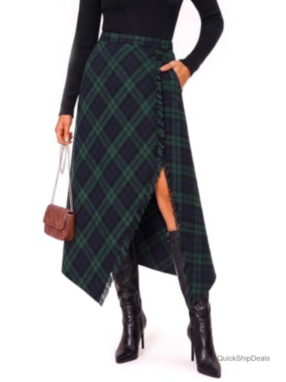 High Waist Plaid Wrap Midi Skirt Asymmetrical Slit